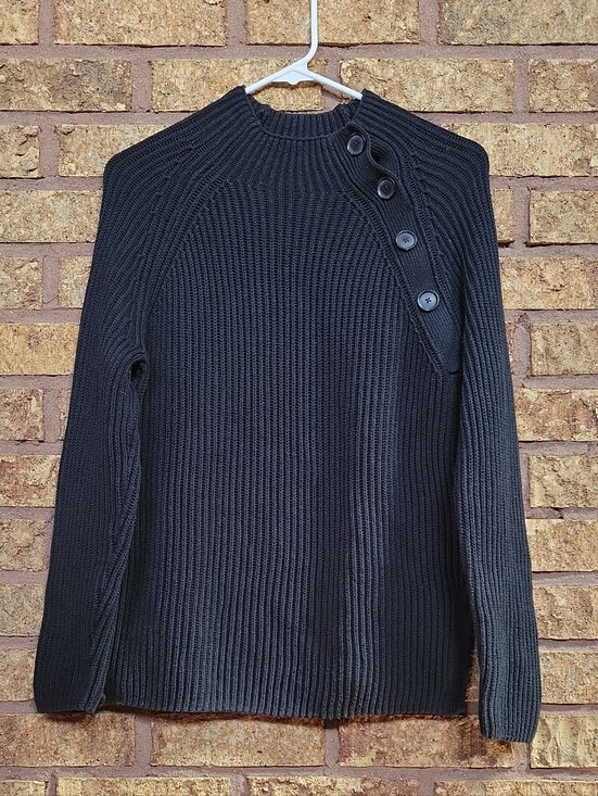 GAP Sweaters - GAP Black Asymmetrical Button Raglan Rib Knit 100% Cotton Sweater Women's Size M